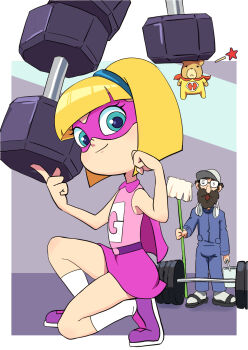 1girl 2boys animal baseball_cap beard belt black_sandals blonde_hair blue_eyes blue_jumpsuit bodysuit brown_hair bucket cape character_request disney domino_mask dumbbell exercising eye_mask facial_hair flexing floating glasses gretel_grant-gomez grey_hat gym hairband hamster hamster_&amp;_gretel hamster_(hamster_&amp;_gretel) hat headphones headphones_around_neck highres holding janitor jumpsuit kneeling looking_at_viewer mask mop multiple_boys oira_wa_arumajiro on_one_knee open_mouth pink_cape pink_mask pink_shirt pink_skirt purple_belt purple_shoes red_cape sandals shirt shoes short_hair skirt sleeveless sleeveless_shirt smile socks standing star_(symbol) superhero_costume surprised weightlifting white_socks yellow_bodysuit