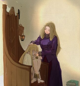 bare_legs barefoot black_pants blonde_hair book closed_eyes coat crying dress elf fur-trimmed_collar fur-trimmed_wrist_cuffs fur_trim gold_bangle hair_between_eyes higemu highres knees_to_chest long_hair methode_(sousou_no_frieren) open_mouth pants parted_bangs pointy_ears purple_coat serie_(sousou_no_frieren) simple_background sitting smile sousou_no_frieren standing tears throne white_dress