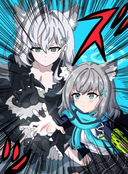 >:( 2girls ahoge animal_ear_fluff animal_ears black_dress black_gloves black_halo black_skirt blue_archive blue_background blue_eyes blue_halo blue_scarf blush breasts bright_pupils cleavage clenched_hand closed_mouth collarbone commentary_request cross_hair_ornament dragon_ball dragonball_z dress emphasis_lines extra_ears father-son_kamehameha frilled_sleeves frills fringe_trim frown gloves green_gloves grey_hair hair_behind_ear hair_intakes hair_ornament halo highres huge_ahoge incoming_attack kamehameha_(dragon_ball) large_breasts long_hair long_sleeves looking_at_viewer medium_hair miniskirt mismatched_pupils multiple_girls open_hand parody plaid_clothes plaid_skirt scarf school_uniform serious shiroko_(blue_archive) shiroko_terror_(blue_archive) shirt simple_background single_glove skirt slit_pupils sound_effects split_mouth user_kxuc8475 v-shaped_eyebrows white_pupils white_shirt wide_sleeves wolf_ears wolf_girl