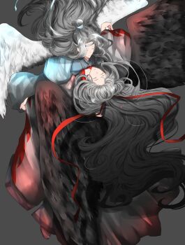 2boys absurdres angel angel_wings black_hair black_hanfu black_wings carrying chinese_clothes closed_eyes coat couple feathered_wings floating_hair grey_background grey_coat hair_bun hair_down hair_ribbon half_updo hanfu headband highres holding_hands hug lan_wangji long_hair long_sleeves male_focus modao_zushi multiple_boys naruse_(kmk648) official_alternate_costume official_alternate_hairstyle parted_lips red_ribbon ribbon robe simple_background smile topknot very_long_hair wei_wuxian wei_wuxian_(yiling_laozu) white_hanfu white_headband white_wings wide_sleeves wings xiao_guan_(headdress) yaoi