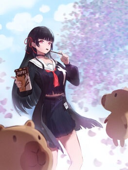 1girl absurdres arm_cutout black_choker black_hair black_shirt black_skirt chisa_(wuthering_waves) choker clothing_cutout commentary hair_ribbon highres long_hair looking_at_viewer momo_(momo_paint) namipon_(wuthering_waves) neckerchief red_eyes red_neckerchief red_ribbon ribbon sailor_collar school_uniform serafuku shirt skirt white_sailor_collar wuthering_waves