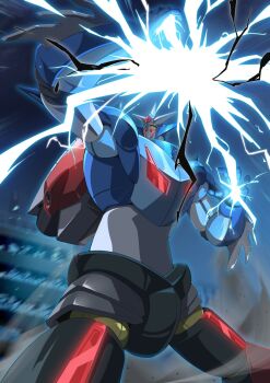 electricity gamiani_zero getter_robo highres looking_up mecha mecha_focus neo_getter-1 no_humans open_hands robot science_fiction shin_getter_robo_vs_neo_getter_robo solo super_robot wind yellow_eyes