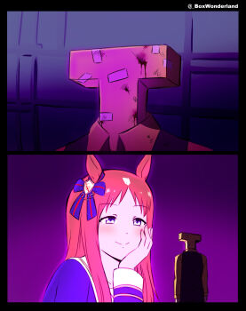 absurdres bandaid blade_runner_(series) blade_runner_2049 bleeding blood box_wonderland grass_wonder_(umamusume) highres hologram meme trainer_(umamusume) umamusume you_look_lonely_(meme)