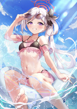 1girl absurdres alternate_costume ao8_soyogi bare_shoulders bikini black_bikini blue_archive blush breasts commentary_request cropped_shirt grey_hair grin halo highres long_hair looking_at_viewer mutsuki_(blue_archive) navel off-shoulder_shirt off_shoulder pink_shirt pink_skirt purple_eyes red_halo see-through_clothes see-through_shirt see-through_skirt shirt side_ponytail skirt small_breasts smile solo stomach swimsuit