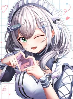 1girl absurdres clothing_cutout commentary dot_nose frills green_eyes grey_hair hair_between_eyes hair_ornament heart heart_hands highres hololive hololive_3rd_generation_live_outfit light_blush looking_at_viewer maid maid_headdress official_alternate_costume one_eye_closed open_mouth shirogane_noel simple_background solo symbol-only_commentary virtual_youtuber x_hair_ornament zura2822