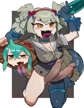 1futa 1girl :d animal_hood aqua_hair arm_up asymmetrical_legwear black_sash blue_gloves blue_hair blue_socks blue_tail blue_thighhighs bottle bow bow_hairband bowtie breasts cleavage clenched_hand crossed_bangs extra_penises erection extra_penises fang fangs forked_tongue futanari gloves grey_bow grey_bowtie grey_eyes grey_hair grey_shirt hairband highres holding holding_bottle hood hood_up japari_symbol jewelry jpeg_artifacts kemono_friends kneehighs large_breasts large_penis long_hair multicolored_hair neck_ring obi obijime open_mouth orange_eyes penis pinky_out raichiyo red_hairband sailor_collar sash shirt short_hair short_sleeves single_kneehigh single_sock single_thighhigh smile snake_hood snake_tail socks sweat tail thighhighs thighlet tongue tongue_out tsuchinoko_(kemono_friends) twintails two-tone_hair uncensored uneven_eyes uneven_legwear white_sailor_collar yamata_no_orochi_(kemono_friends)