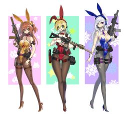 Rule 34 | 3girls, ahoge, animal ears, arm pouch, assault rifle, belt, belt pouch, blonde hair, bow, bowtie, bracelet, breasts, brown eyes, brown hair, buckle, collarbone, covered navel, detached collar, fake animal ears, fake tail, full body, green eyes, gun, headset, high heels, hk33, holster, jewelry, large breasts, leotard, long hair, magazine (weapon), medium breasts, multiple girls, necktie, original, pantyhose, playboy bunny, ponytail, pouch, rabbit ears, rabbit tail, red eyes, rifle, shoulder tattoo, snap-fit buckle, strapless, strapless leotard, tactical playboy bunny, tail, tattoo, thigh holster, thigh pouch, trigger discipline, two side up, utility belt, weapon, weapon request, white hair, wrist cuffs