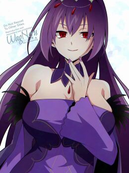 1girl bare_shoulders breasts cleavage detached_collar dress fate/grand_order fate_(series) feather_trim hair_between_eyes highres jewelry large_breasts long_hair long_sleeves looking_at_viewer pendant purple_dress purple_hair red_eyes scathach_(fate) scathach_skadi_(fate) scathach_skadi_(first_ascension)_(fate) smile solo tiara wagu_neru