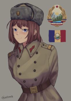 1girl absurdres arms_behind_back belt black_belt blue_eyes blush brown_belt brown_hair buttons cold_war collar_tabs commentary double-breasted emblem english_commentary grey_background grzegorz1996 hat highres long_hair military military_uniform original romania romanian_flag romanian_people&#039;s_army shoulder_boards signature simple_background smile solo upper_body ushanka