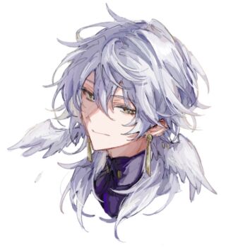 1boy bishounen closed_mouth earrings feathered_wings grey_hair hair_between_eyes head_wings highres honkai:_star_rail honkai_(series) jewelry long_hair looking_at_viewer male_focus portrait purple_shirt shirt simple_background sketch smile solo sunday_(honkai:_star_rail) tyoookozuki white_background white_wings wings yellow_eyes