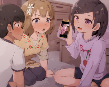1boy 2girls blue_eyes blush brown_hair cellphone cellphone_photo clothed_sex dot_nose dress elementary_schoolmate_(idolmaster) embarrassed exhibitionism flower hair_flower hair_ornament highres holding holding_phone idolmaster idolmaster_million_live! kodomo_doushi loli looking_at_phone multiple_girls phone public_indecency pussy seneto shir shirt short_hair shota smartphone suou_momoko vaginal wavy_hair yellow_dress