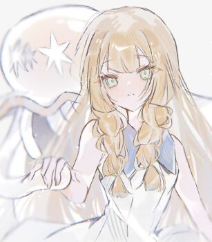 1girl blonde_hair braid c0smi5 collared_dress dress gen_7_pokemon green_eyes holding_hands lillie_(pokemon) nihilego nintendo pokemon pokemon_(creature) pokemon_sm ponytail ponytail_with_braided_base sleeveless sleeveless_dress sundress ultra_beast white_background white_dress