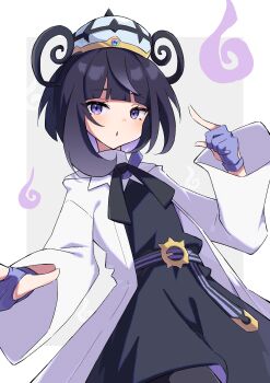 Rule 34 | 1girl, absurdres, belt, black dress, black hair, blue gloves, blunt bangs, blush, bob cut, coat, commentary request, dress, fire, gloves, gradient hair, gwynn (pokemon), hat, highres, long sleeves, looking at viewer, mega stone, multicolored hair, nintendo, o-ring, o-ring belt, open clothes, open coat, pantyhose, parted lips, partially fingerless gloves, piyo to game, pokemon, pokemon legends: z-a, purple eyes, purple fire, purple hair, short hair, solo, white coat