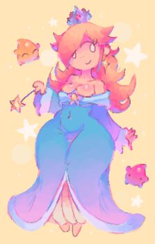 1girl bare_shoulders blank_eyes blonde_hair blue_dress breasts brooch cleavage closed_mouth commentary covered_navel crown dress earrings english_commentary full_body hair_over_one_eye holding holding_wand jewelry large_breasts long_hair long_sleeves luma_(mario) mario_(series) nintendo rosalina smile solo star_(symbol) star_brooch star_earrings sunnii_w wand yellow_background
