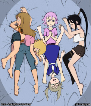 1boy 4girls artist_name barefoot bed black_eyes black_hair black_thighhighs blonde_hair blue_dress commissioner_name crona_(soul_eater) denim dress elizabeth_thompson garabato high_ponytail implied_after_sex jeans loli maka_albarn multiple_girls nakatsukasa_tsubaki on_bed pants patricia_thompson pink_hair pink_shirt ponytail pussy_juice_stain rolling_eyes sailor_collar shirt short_hair shorts shota siblings single_thighhigh sleeping soul_eater sweat tank_top thighhighs tongue tongue_out twins twintails