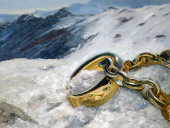 Rule 34 | absurdres, cat, chain, day, gold chain, gold ring, highres, jewelry, kznsq, mountain, no humans, original, outdoors, reflection, reflection focus, ring, the lord of the rings, tolkien's legendarium, traditional media