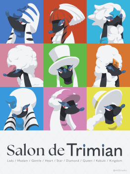 Rule 34 | animal focus, artist name, blonde hair, blue hair, blunt bangs, closed eyes, dog, english text, french text, furfrou, furfrou (dandy), furfrou (debutante), furfrou (diamond), furfrou (heart), furfrou (kabuki), furfrou (la reine), furfrou (matron), furfrou (pharaoh), furfrou (star), gen 6 pokemon, green hair, half-closed eyes, hat, hotarubi (bugkhdu), long hair, looking afar, looking at viewer, looking to the side, mixed-language text, multicolored hair, multilingual text, nintendo, no humans, no mouth, pink hair, pokemon, pokemon (creature), red eyes, red hair, sidelocks, sideways glance, star (symbol), top hat, translation request, twitter username, two-tone hair, watermark, white hair, white hat