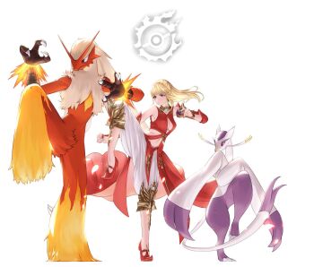 1girl 2021 beak blaziken blonde_hair crossover fighting_stance final_fantasy final_fantasy_xiv gen_3_pokemon gen_5_pokemon lyse_hext mienshao monk_(final_fantasy) nintendo pants pokemon pokemon_(creature) potion_lilac red_footwear red_vest simple_background talons vest whiskers white_pants