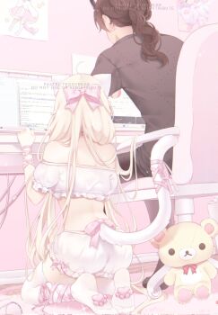 1boy 1girl ahoge animal_ears ass back black_hair black_shirt bow chair computer from_behind hair_bow highres korilakkuma monitor off_shoulder on_chair original pastel_teddybear ponytail san-x shirt sitting stuffed_animal stuffed_toy swivel_chair tagme teddy_bear thighhighs underwear watermark