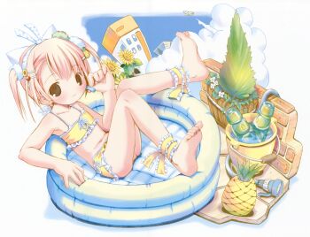 1girl absurdres barefoot bikini blush bottle brown_eyes building character_request closed_mouth cloud collarbone copyright_request day feet flat_chest flower food frilled_bikini frills fruit full_body hair_ornament hairband hairclip hand_up highres hose loli looking_at_viewer navel parallel_hairclips pineapple pink_hair pop_(electromagneticwave) scan short_hair sitting smile solo sunflower swimsuit third-party_source toes two_side_up wading_pool white_hairband yellow_bikini