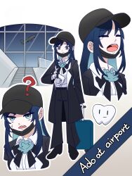 Rule 34 | 1girl, ?, ado (utaite), aircraft, airplane, airport, baseball cap, belt, black belt, black bow, black bowtie, black coat, black footwear, black headwear, black mask, black pants, blue eyes, blue hair, boots, bow, bowtie, chando (ado), closed mouth, cloud nine inc, coat, collared shirt, colored inner hair, commentary, cropped torso, dress shirt, english text, gloves, hat, highres, light blue hair, long sleeves, mask, mask pull, mole, mole under eye, mouth mask, multicolored hair, multiple views, nemmu (nono bindd), open clothes, open coat, open mouth, outline, pants, rolling suitcase, shirt, sidelocks, spoken question mark, suitcase, sweatdrop, symbol-only commentary, teeth, tooth, two-tone hair, upper body, upper teeth only, utaite, watch, white gloves, white outline, white shirt, wristwatch, yawning