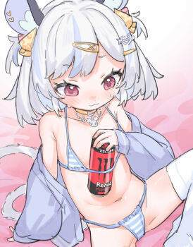 1girl animal_ear_fluff animal_ears bare_shoulders bikini blue_bikini blue_jacket can can_between_breasts closed_mouth energy_drink flat_chest hair_ornament hairclip halterneck highres indie_virtual_youtuber jacket loli long_sleeves maplesights monster_energy mouse_ears mouse_girl mouse_tail navel nemimi_yane off_shoulder parallel_hairclips pink_eyes short_hair sitting solo string_bikini striped_bikini striped_clothes swimsuit tail thighhighs virtual_youtuber white_hair white_thighhighs