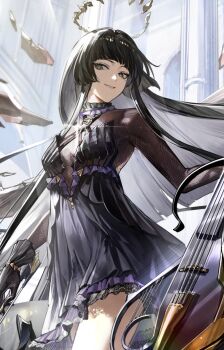 1girl arknights black_dress black_gloves black_hair bodystocking bokyo bright_pupils chinese_commentary commentary_request cowboy_shot dress glint gloves grey_eyes grin guest_art halo halter_dress halterneck highres hime_cut holding holding_instrument instrument looking_at_viewer mole mole_under_eye parted_lips smile solo virtuosa_(arknights) virtuosa_(diversity_oneness)_(arknights)