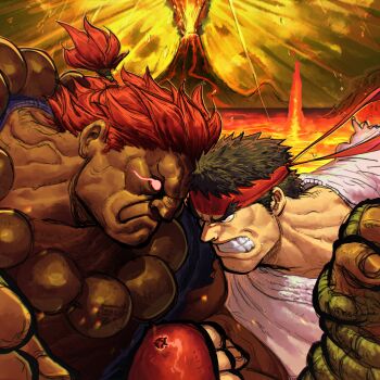 2boys absurdres akuma_(street_fighter) artist_collaboration clenched_teeth dark-skinned_male dark_skin eruption frown glowing glowing_eyes groovy_(docilebread) headband highres kyo_yukanna lava multiple_boys muscular muscular_male red_hair red_headband ryu_(street_fighter) street_fighter street_fighter_ii_(series) street_fighter_iv_(series) teeth upper_body volcano