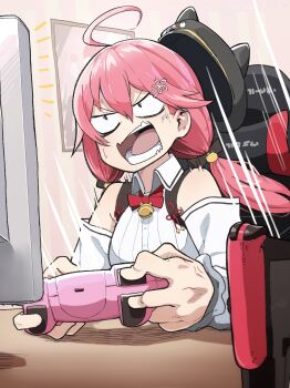 1girl absurdres ahoge anger_vein angry animal_hat bell beret cat_hat chair collared_shirt commentary commentary_request controller detached_sleeves game_controller gaming_chair hair_ornament hairclip hanten_(hantennano) hat highres holding holding_controller holding_game_controller hololive indoors medium_hair monitor neck_bell nintendo_switch on_chair open_mouth pink_hair sakura_miko sakura_miko_(casual) shirt sitting swivel_chair twintails virtual_youtuber white_shirt