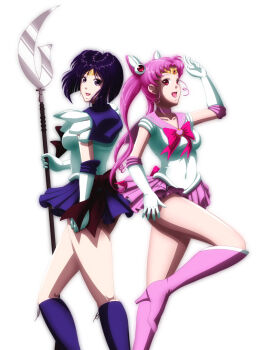 2girls aged_up back_bow bishoujo_senshi_sailor_moon blunt_bangs boots bow bowtie brooch chibi_usa cone_hair_bun grimbyslayer hair_bun heart heart_brooch high_heel_boots high_heels highres jewelry knee_boots looking_at_viewer multiple_girls pink_boots pink_bow pink_bowtie pink_hair pink_sailor_collar pink_skirt pleated_skirt pointing pointing_up purple_boots purple_hair purple_sailor_collar purple_skirt red_bow red_bowtie sailor_chibi_moon sailor_collar sailor_saturn school_uniform serafuku short_hair silence_glaive skirt smile thick_thighs thighs tomoe_hotaru twintails