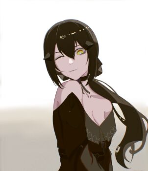 Rule 34 | 1girl, artist name, bare shoulders, black choker, black dress, black hair, black lips, breasts, choker, closed mouth, collarbone, commentary, dandelion (girls' frontline), dress, english commentary, girls' frontline, girls' frontline 2: exilium, hair between eyes, hair ornament, hairclip, highres, long hair, long sleeves, looking at viewer, off-shoulder dress, off shoulder, one eye closed, ponytail, sidelocks, simple background, smile, smirk, solo, takaprince, upper body, yellow eyes