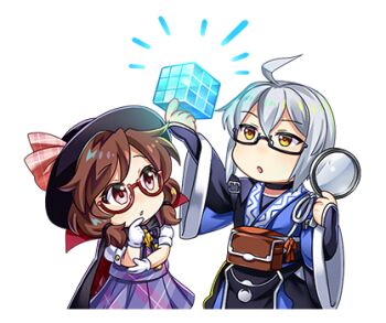 Rule 34 | 1boy, 1girl, ahoge, black choker, black hat, brown hair, chibi, chibi only, choker, cube, glasses, gloves, grey hair, hat, holding, holding magnifying glass, long sleeves, low twintails, lowres, magnifying glass, morichika rinnosuke, official art, open mouth, plaid clothes, plaid skirt, plaid vest, purple vest, red-framed eyewear, red eyes, rotte (1109), second-party source, semi-rimless eyewear, short hair, skirt, sticker (medium), touhou, touhou lostword, transparent background, twintails, under-rim eyewear, usami sumireko, vest, white gloves, wide sleeves, yellow eyes