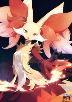 1girl \n/ animal_ear_fluff animal_ears animal_nose artist_name black_fur body_fur breasts copyright_name delphox english_text eyeliner fangs female_focus fire fox_ears fox_girl furry furry_female gen_6_pokemon hand_up head_tilt highres logo looking_at_viewer makeup multicolored_fur nintendo open_mouth pokemon pokemon_(creature) pyrokinesis red_eyeliner red_eyes red_fur sharp_teeth signature small_breasts snout solo standing suahh teeth twitter_username white_fur yellow_fur