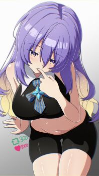 1girl bare_shoulders black_shirt black_shorts blonde_hair breasts commentary cropped_shirt english_commentary highres hololive hololive_indonesia kaiyen large_breasts long_hair moona_hoshinova multicolored_hair purple_eyes purple_hair shirt shorts solo twitter_strip_game two-tone_hair virtual_youtuber