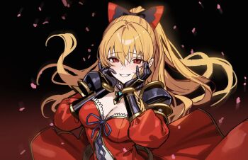1girl absurdres bare_shoulders blonde_hair blush bow breasts cleavage commentary dress gauntlets granblue_fantasy grin hair_bow highres large_breasts ll_0109 long_hair looking_at_viewer ponytail red_dress red_eyes smile solo vira_(granblue_fantasy)