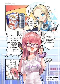 ... 2girls :d adjusting_eyewear alternate_costume angel_wings animal_ears apron aru_(blue_archive) asahi_breweries bag beer_can blonde_hair blue_apron blue_archive blue_eyes blunt_bangs brand_name_imitation can cashier casual cat_ears cigarette collarbone commentary convenience_store demon_girl demon_horns drink_can english_commentary english_text fake_animal_ears feathered_wings forehead glasses hair_ribbon halo highres hm_(hmongt) horns indoors long_hair looking_at_another looking_to_the_side mini_wings multiple_girls nervous_sweating open_mouth orange_eyes part_time_job parted_bangs plastic_bag red_eyes red_hair ribbon scrunchie shirt shop short_sleeves sidelocks smile snack sora_(blue_archive) speech_bubble store_clerk sweat t-shirt translation_request trembling watermark web_address white_shirt white_wings wings wrist_scrunchie