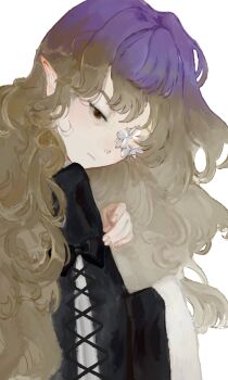 1girl adapted_costume black_bow black_shirt blonde_hair bow brown_eyes closed_mouth cross-laced_clothes cross-laced_sleeves expressionless eyelashes flower flower_in_eye gradient_hair half-closed_eyes hand_on_own_arm hashtag-only_commentary hatsburg head_tilt highres hijiri_byakuren layered_sleeves light_blush light_frown long_hair multicolored_hair pointy_ears purple_hair shirt simple_background sleeve_bow sleeves_past_fingers sleeves_past_wrists solo symbol_in_eye touhou two-tone_hair upper_body very_long_hair white_background white_flower wide_sleeves