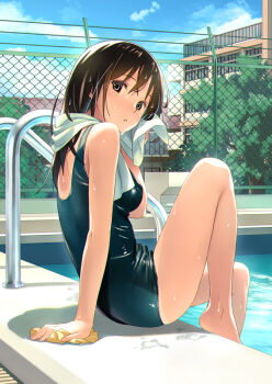 1girl black_eyes black_hair blue_sky breasts chain-link_fence commentary_request day expressionless fence koutaro long_hair looking_at_viewer medium_breasts one-piece_swimsuit original outdoors pool sitting sky solo swimsuit towel water wet