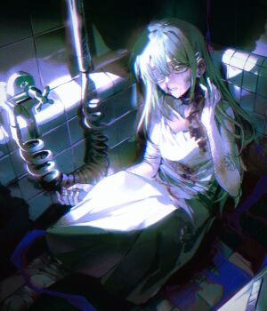 Rule 34 | 1girl, absurdres, bandaid, bang dream!, bang dream! it's mygo!!!!!, blood, blue blood, commentary, dress, english commentary, eyepatch, green hair, hair ornament, hairclip, highres, injury, long hair, ne2op, open mouth, self-harm, solo, sweat, wakaba mutsumi, white dress, yellow eyes