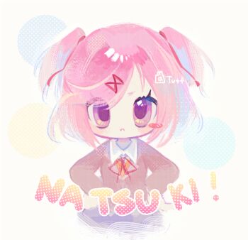 Rule 34 | 1girl, :<, blue hair, blue skirt, blush, blush stickers, brown jacket, character name, chinese commentary, circle, closed mouth, collared shirt, colored inner hair, commentary request, cowboy shot, doki doki literature club, doki doki literature club school uniform, eyes visible through hair, frown, hair between eyes, hair ribbon, halftone, halftone background, hands on own hips, jacket, leaning forward, looking at viewer, multicolored hair, natsuki (doki doki literature club), neck ribbon, no nose, orange sweater, pale skin, pink eyes, pink hair, red ribbon, ribbon, school uniform, shirt, short hair, sidelocks, simple background, single blush sticker, skirt, solo, standing, straight-on, sweater, swept bangs, tareme, tuteo, two-tone hair, two side up, v-shaped eyebrows, white background, white shirt