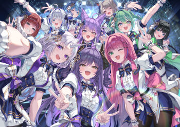 6+girls absurdres ahoge akane_lize animal_ear_fluff animal_ears aokumo_rin arahashi_tabi ayatsuno_yuni back_bow black_hair blue_bow blue_corset blue_eyes blue_hair blue_skirt boots bow brown_pantyhose cenangam center_frills closed_mouth colored_eyelashes colored_inner_hair commentary commentary_request corset double_v english_commentary frills green_eyes green_hair grey_hair grin hair_bow hair_ornament hanako_nana highres idol jumping korean_commentary mixed-language_commentary multicolored_hair multiple_girls neneko_mashiro one_eye_closed open_mouth pantyhose pink_hair purple_bow purple_eyes purple_hair reaching reaching_towards_viewer red_eyes red_hair sakihane_huya shirayuki_hina shirt short_hair skirt smile sparkle stellive streaked_hair teeth tenko_shibuki thigh_boots twintails unicorn_horn upper_teeth_only v virtual_youtuber w white_boots white_bow white_eyelashes white_hair white_shirt white_wrist_cuffs wrist_cuffs yellow_eyes yuzuha_riko