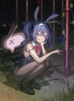 1girl absurdres animal_ear_hairband animal_ears blue_eyes blue_hair bow bowtie cigarette commentary detached_collar fake_animal_ears fishnet_pantyhose fishnets full_body grin hair_ornament hair_ribbon hairband hairclip hand_on_own_cheek hand_on_own_face hatsune_miku high_heels highres holding holding_cigarette long_hair looking_at_viewer miyabino_(miyabi1616) nail_polish night outdoors pantyhose park playboy_bunny playground rabbit_ear_hairband rabbit_ears rabbit_hole_(vocaloid) ribbon smile smoking solo squatting teardrop_facial_mark twintails vocaloid x_hair_ornament