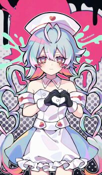 Rule 34 | 1girl, ai zokusei (vocaloid), aqua eyes, armband, bare shoulders, black gloves, closed mouth, collarbone, colorful background, commentary request, cowboy shot, detached collar, dress, dripping eye, gloves, hair between eyes, hat, hatsune miku, heart, heart-shaped pupils, heart hands, heart print, highres, kyouda suzuka, long hair, looking at viewer, nurse, nurse cap, solo, strapless, strapless dress, symbol-shaped pupils, twintails, twitter username, very long hair, vocaloid, white armband, white dress, white hat