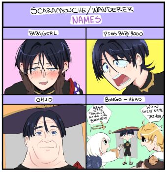 Rule 34 | 1girl, 2boys, aether (genshin impact), ahoge, arms at sides, black cape, black eyes, black hair, black sandals, black shorts, blunt ends, blush, braid, bright pupils, brown gloves, brown sleeves, cape, commentary, crossed arms, english commentary, english text, genshin impact, gloves, gold, gold halo, gold trim, grey veil, hair between eyes, hair intakes, half-closed eyes, halo, hand on own arm, hands on another's face, hat, highres, jewelry, jingasa, long hair, long sleeves, looking at another, looking at viewer, looking to the side, low-braided long hair, low-tied long hair, mechanical halo, meme, mr. incredible becoming uncanny (meme), multiple boys, multiple expressions, neck ring, onac911, open mouth, paimon (genshin impact), parody, pointing, pointing at another, purple eyes, purple hat, purple rope, romper, rope, sandals, scaramouche (genshin impact), shimenawa, short hair, short sleeves, shorts, single off shoulder, standing, style parody, sweat, teeth, tongue, upper body, veil, veiny neck, white hair, white pupils, white romper, white rope, white sleeves, wide-eyed, zouri