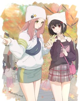 1boy 4girls absurdres animal_hat badge bag beanie black_hair blue_bag bob_cut bow brown_hair button_badge casual casyu_nut cat_hat cellphone drawstring fanny_pack freckles grey_skirt hair_bow hand_on_own_chin hat hibike!_euphonium highres hisaishi_kanade holding holding_phone hood hoodie kenzaki_ririka leaf looking_at_phone multiple_girls off-shoulder_sweater off_shoulder official_alternate_costume parted_lips pencil_skirt phone pink_bag plaid_clothes plaid_skirt pleated_skirt pointing pom_pom_(clothes) red_bow short_hair shoulder_bag shoulder_strap signature skirt smartphone smartphone_case standing striped_clothes striped_headwear sweater tree twitter_username white_hoodie yellow_eyes