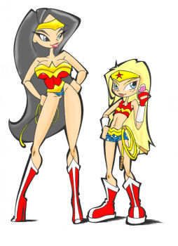 2girls black_hair blonde_hair blue_eyes blue_shorts boots breasts dc_comics fingerless_gloves flat_chest freckles gloves hand_on_own_hip hands_on_own_hips high_heels kimbawest knee_boots large_breasts lasso lasso_of_truth leotard long_hair looking_at_another looking_at_viewer miacis3101 midriff multiple_girls navel pink_lips print_leotard print_shorts red_boots red_gloves red_leotard red_shirt shirt shorts smile standing star_(symbol) star_print superhero_costume tank_top tiara white_background wonder_girl wonder_woman wonder_woman_(series)