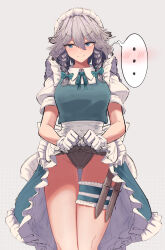 Rule 34 | ..., 1girl, apron, back bow, black panties, blue bow, blue bowtie, blue eyes, blue skirt, blue vest, blush, bow, bowtie, braid, breasts, closed mouth, clothes lift, collared shirt, commentary request, cowboy shot, frown, gloves, grey background, grey hair, hair between eyes, hair bow, highres, holster, izayoi sakuya, knife, lifted by self, long bangs, looking at viewer, maid, maid headdress, medium breasts, medium hair, odoro (nicoseiga81184094), panties, puffy short sleeves, puffy sleeves, shirt, short sleeves, simple background, skirt, skirt lift, solo, spoken blush, spoken ellipsis, thigh holster, touhou, twin braids, underwear, v-shaped eyebrows, vest, waist apron, white apron, white bow, white gloves, white shirt