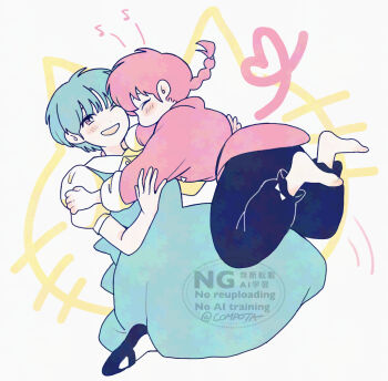 Rule 34 | 2girls, ;d, ^ ^, barefoot, black pants, black shoes, blue dress, braid, cat background, chinese clothes, closed eyes, con sonne, drawn heart, dress, hug, lunging, multiple girls, musical note, one eye closed, open mouth, pale skin, pants, pink hair, ranma-chan, ranma 1/2, school uniform, shoes, short hair, single braid, smile, spoken musical note, tendou akane, watermark, yuri