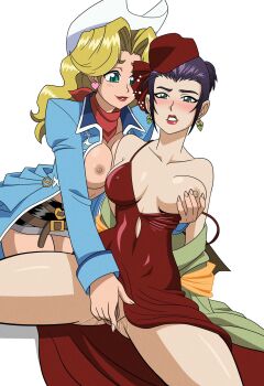 Rule 34 | 2girls, blonde hair, cowboy bebop, faye valentine, fingering, grabbing another's breast, groping, hat, highres, judy (cowboy bebop), multiple girls, nipples, purple hair, tagme, white background, yuri