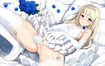 1boy artist_name bare_shoulders blonde_hair blue_eyes blue_flower blue_rose bouquet bow bow_choker choker crossdressing crossdressing_(mtf) dress earrings elbow_gloves erection flower game-style garter_straps gloves heart high_heels highres jewelry layered_dress long_hair looking_at_viewer lying male_focus neck_ribbon nemunemu_(candy_paddle) on_back original panties parted_lips penis petals ribbon ring rose shoes shota solo teeth testicles thighhighs tiara trap underwear watermark wedding_band wedding_dress white_gloves white_panties white_ribbon white_shoes white_thighhighs